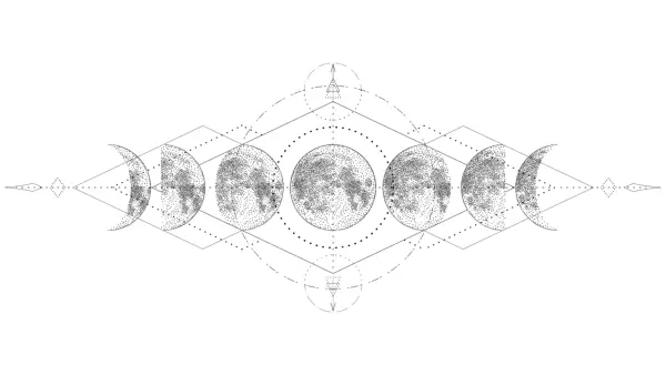 Black-and-whilte-illustration of the full Moon in Libra and other phases of the lunar cycle