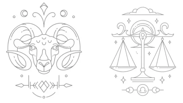 Illustrations of glyphs and symbols for astrological opposite signs Aries and Libra