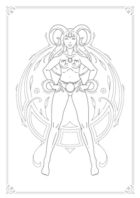 An illustration of the astrological sign of Aries depicted as a superhero figure with the horns of a ram on her head