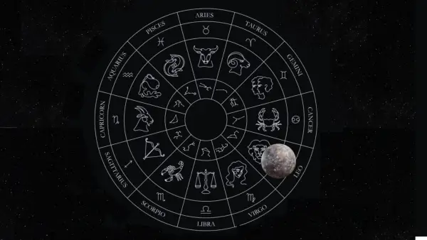 Black and white illustration of the zodiac circle with the planet Mercury in Leo