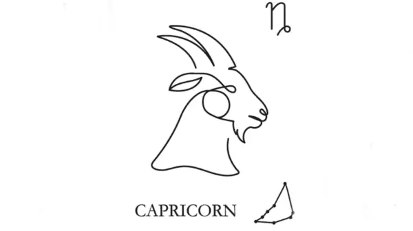 A line drawing of the astrological sign of Capricorn along with its glyph and its constellation.