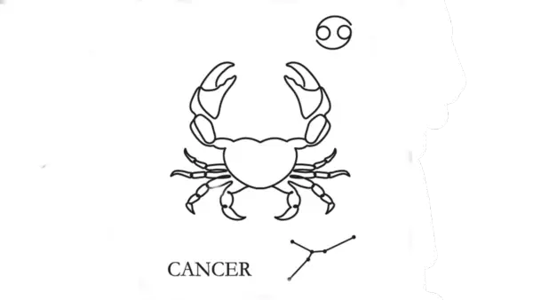 A line drawing of the astrological sign of Cancer along with its glyph and its constellation.