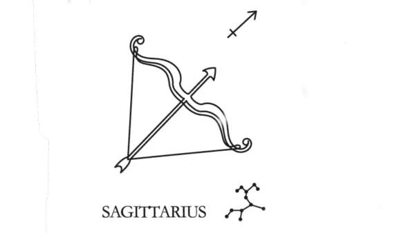 A line drawing of the astrological sign of Sagittarius along with its glyph and its constellation.