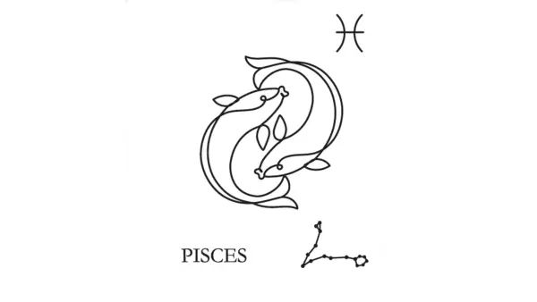 A line drawing of the glyph for Pisces, the water sign and last sign of the zodiac and the astrological year.