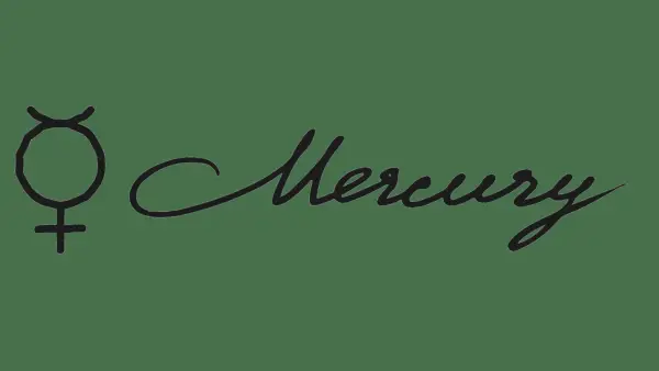 Script writing of the name Mercury and its astrological glyph or symbol for the planet.