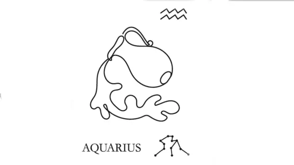 A line drawing of the astrological sign of Aquarius along with its glyph and its constellation. Pluto is in Aquarius during the full Moon in Scorpio.