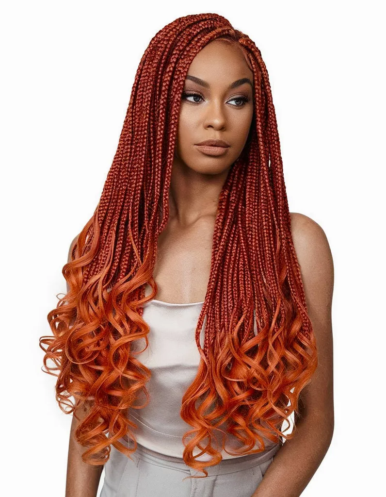 Levande röda boxflätor med franska lockar' title=