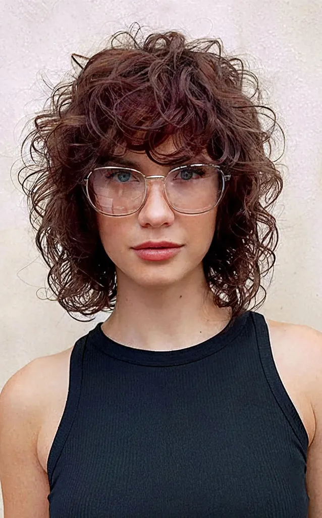 Lob Shag מתולתל באורך צוואר עם פוני' title=