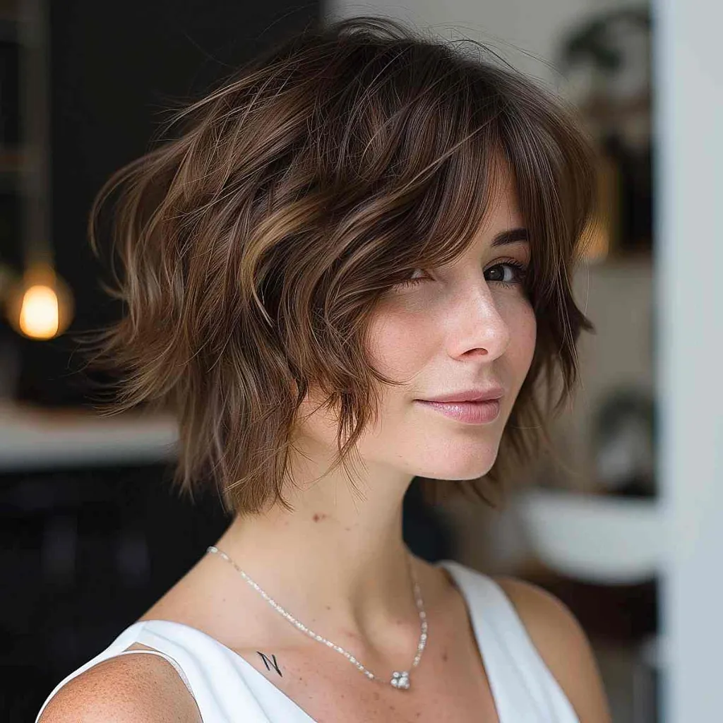 Coupe de cheveux Shag Bob courte en angle' title=