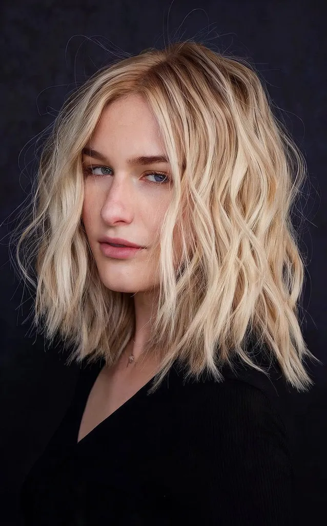 Schicker blonder Lob mit welligem Haar' title=