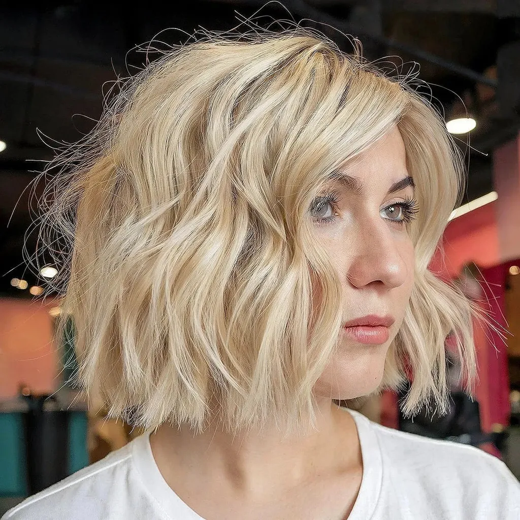 Welliger, geschichteter Bob-Haarschnitt' title=