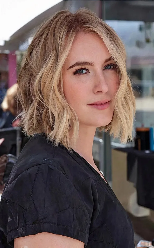 Blonde kurze gewellte Bob-Frisur' title=
