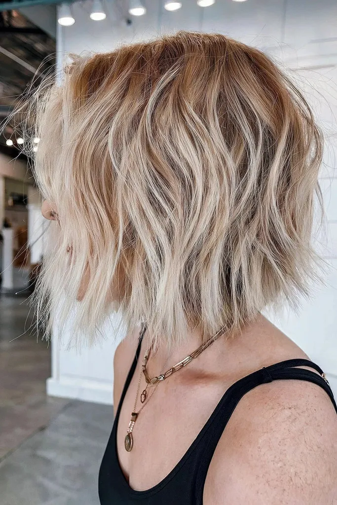 Blondes, gewelltes, kurzes Bob-Haar mit Geldstück' title=