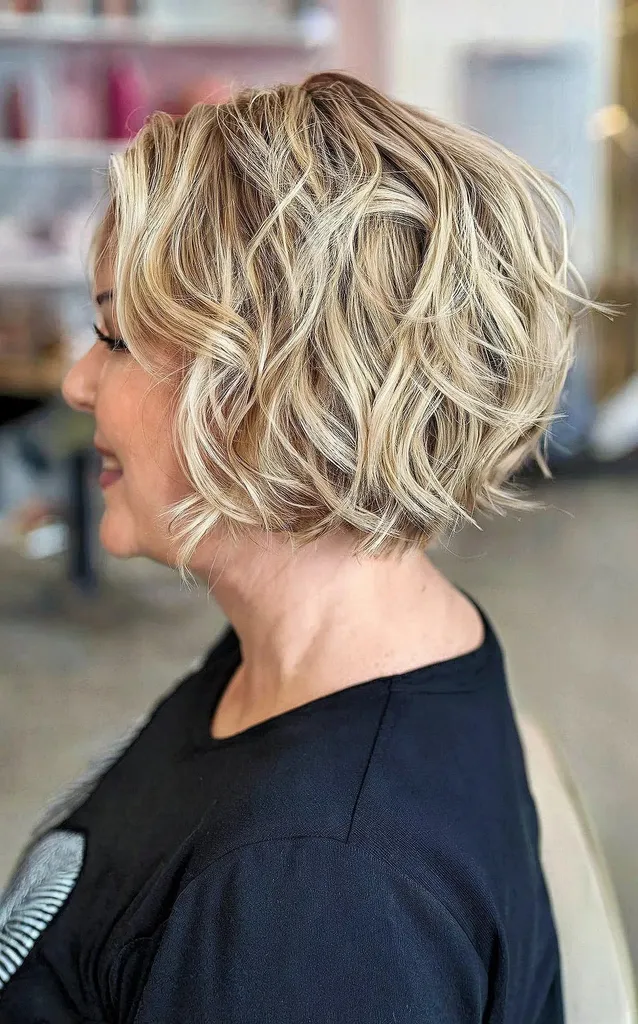 Champagnerblonder, gewellter, gestapelter Bob' title=