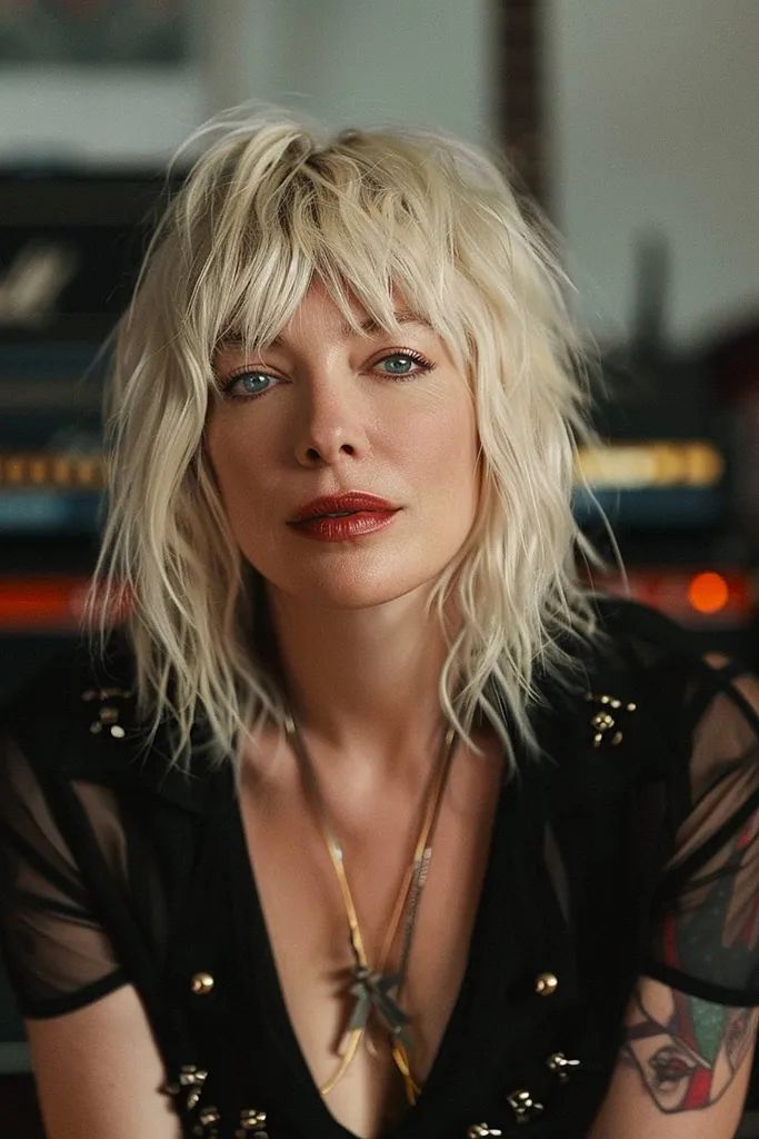 플래티넘 블론드와 레이어드 프린지 디테일의 샤그웨이브 보브' title=