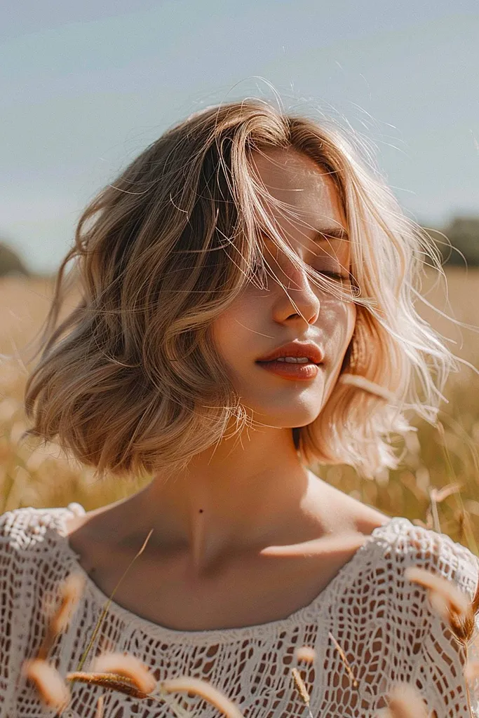 고르지 못한 레이어와 부드러운 금발 웨이브가 있는 에어웨이브 보브' title=