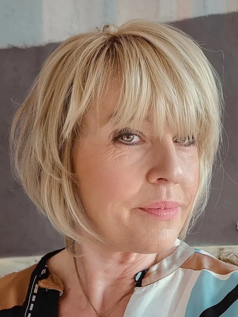 Bob em ângulo invertido com franja para mulheres com mais de 50 anos' title=