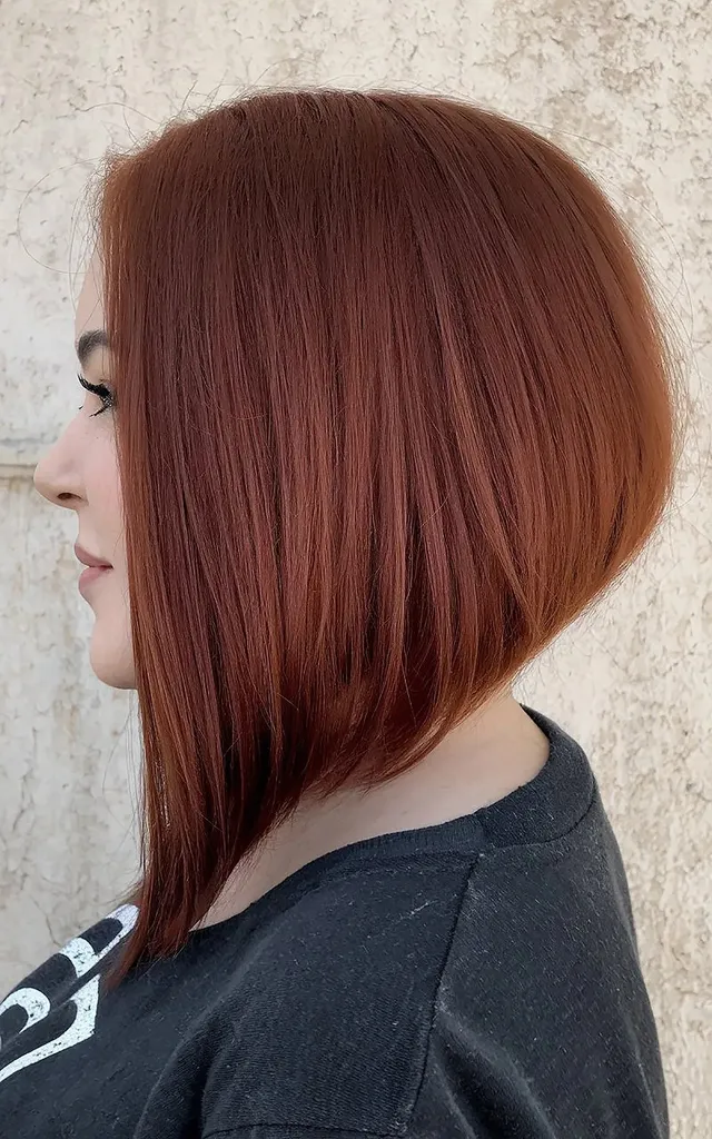 Corte de cabelo bob invertido médio ruivo para mulheres com mais de 40 anos' title=