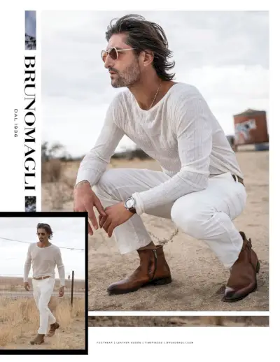 Tony Ward setzt auf Neutraltöne und vervollständigt seinen Look mit braunen Lederstiefeln für Bruno Magli