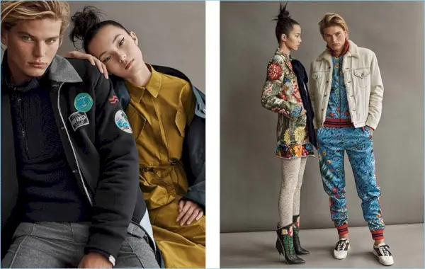 Izquierda: Jordan Barrett, que aparece en una sesión de fotos con Xiao Wen Ju, viste Kenzo. Derecha: Jordan luce una chaqueta de piel de oveja y un chándal de Gucci.
