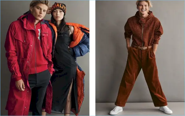 Izquierda: abrazando el rojo, Jordan Barrett viste Versace. Derecha: Jordan viste prendas de lana y pana de Marni.