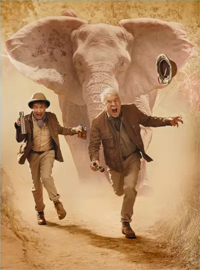 In fuga, Martin Short indossa una maglietta Gap, una cintura John Varvatos, una giacca Belstaff, una borsa Michael Kors e stivali Red Wing Heritage. Steve Martin sfoggia una camicia Dries Van Noten, cintura POLO Ralph Lauren, giacca Belstaff, borsa Michael Kors e stivali Red Wing Heritage.