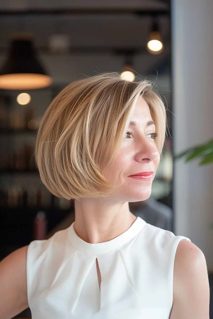 Den Chin-Length French Bob-frisyren med stumpe tupper og naturlige blonde highlights.' title=