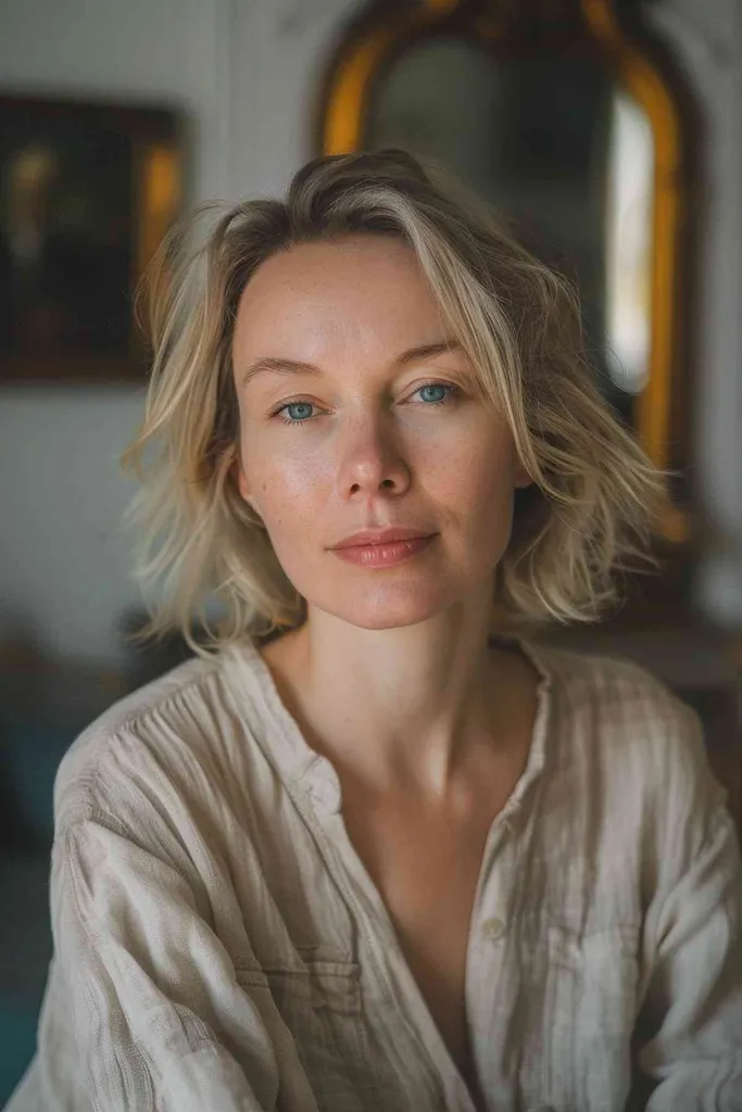 Kvinne med hakelangt rufsete fint blondt hår' title=