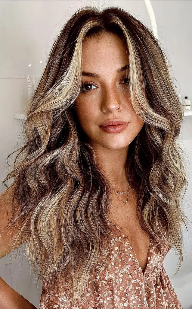 Aspectos destacados del cabello castaño ondulado de longitud media con un trozo de dinero' title=