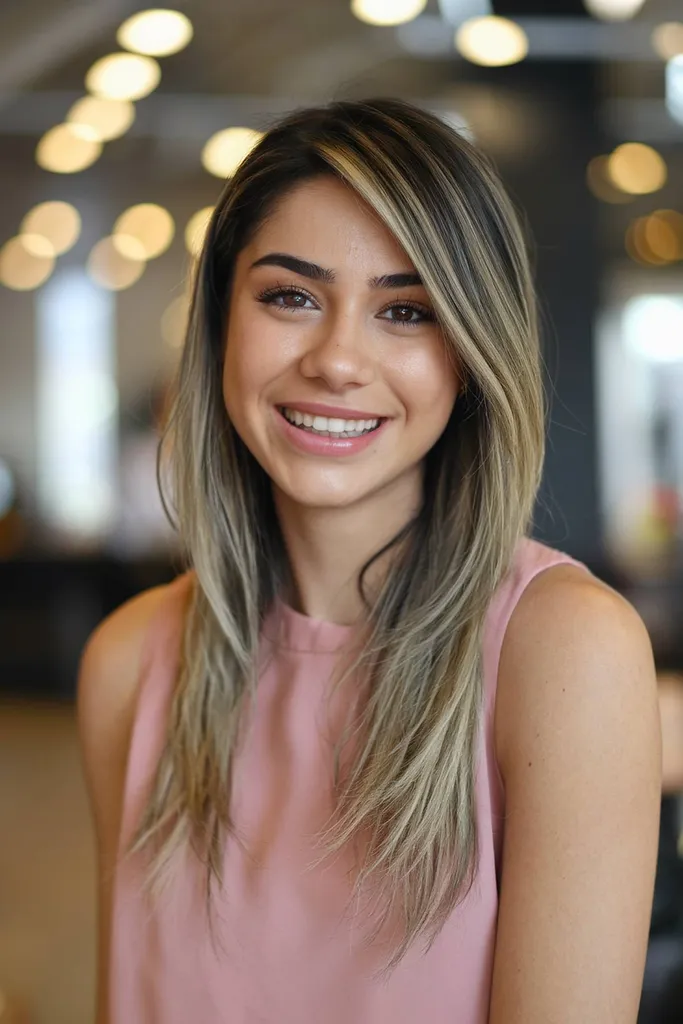 シンプルなのにスタイリッシュなストレートヘア、すっきりとしたサイドパートで洗練された仕上がりに' title=