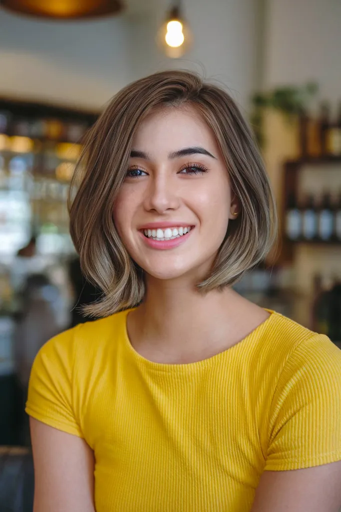 ふんわりとしたサイドパートで立体感と自然な動きをプラスしたシックなショートボブ' title=