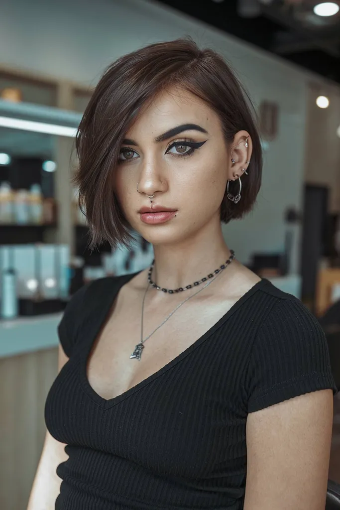 エッジの効いたアシンメトリーカットが印象的な大胆なサイド分けショートボブ' title=