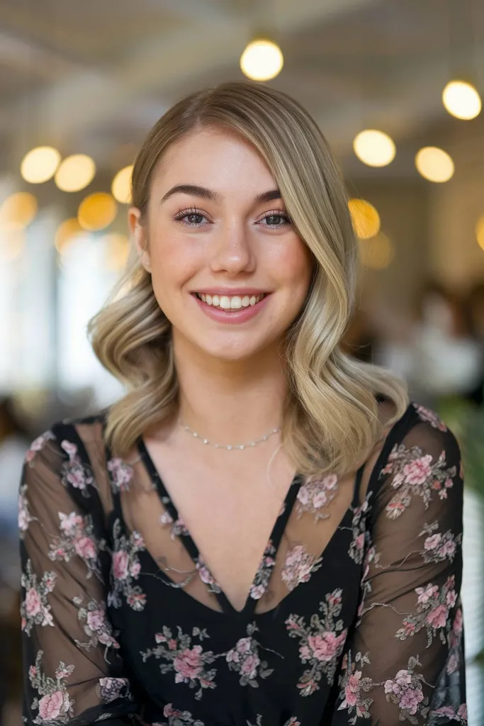 深いサイドパートを備えた柔らかいブロンドのウェーブがクラシックなフェミニンな外観を実現します' title=