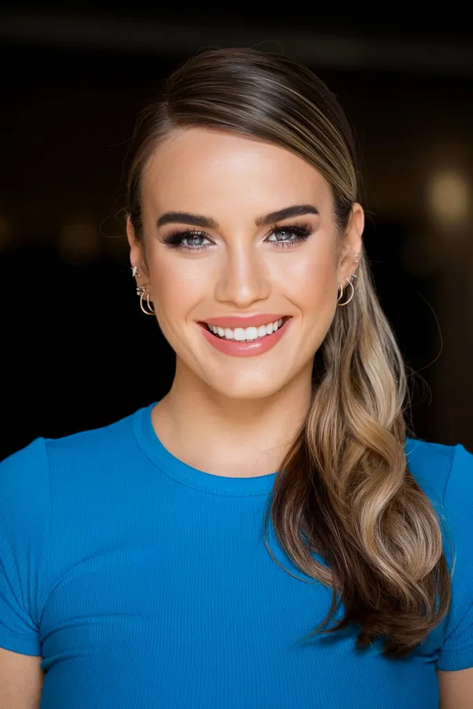 ソフトウェーブを施したサイド分けポニーテールでシックでエレガントな仕上がりに' title=