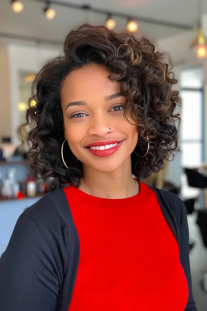 弾力のあるカールが特徴的なボリュームのあるサイドパートのカーリーヘアスタイル' title=