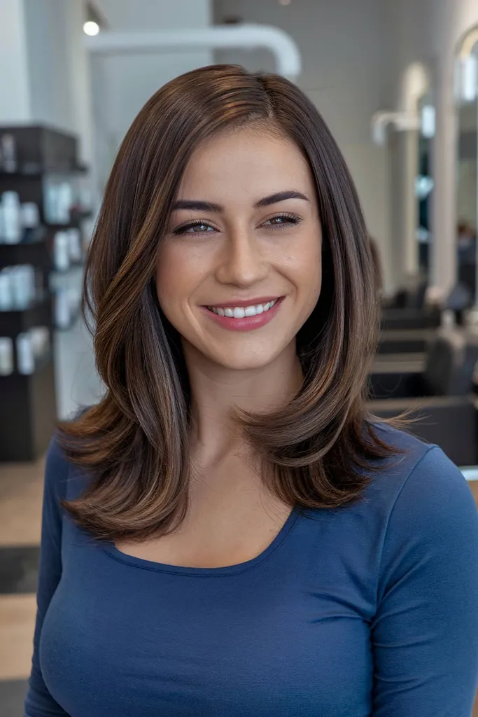 ボリュームのある右サイド分けのヘアスタイルに、柔らかい羽根のようなレイヤーが入っています。' title=