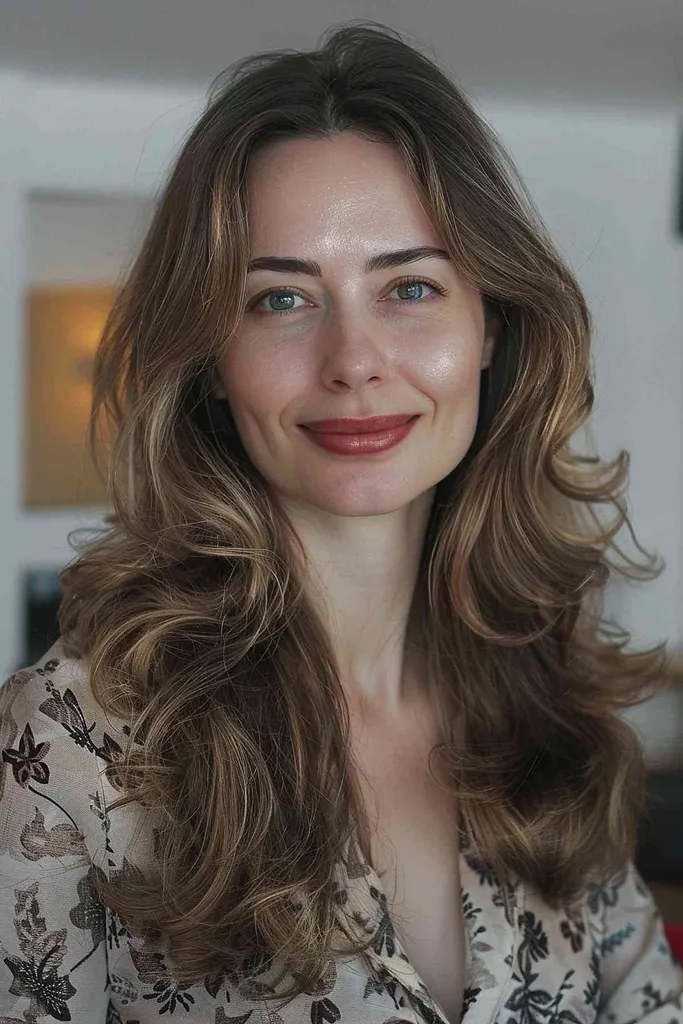 Moteris su vidutiniais ir ilgais sluoksniuotais plaukais, sušukuotais švelniomis bangomis, sukurta naudojant skaitmeninį permą' title=