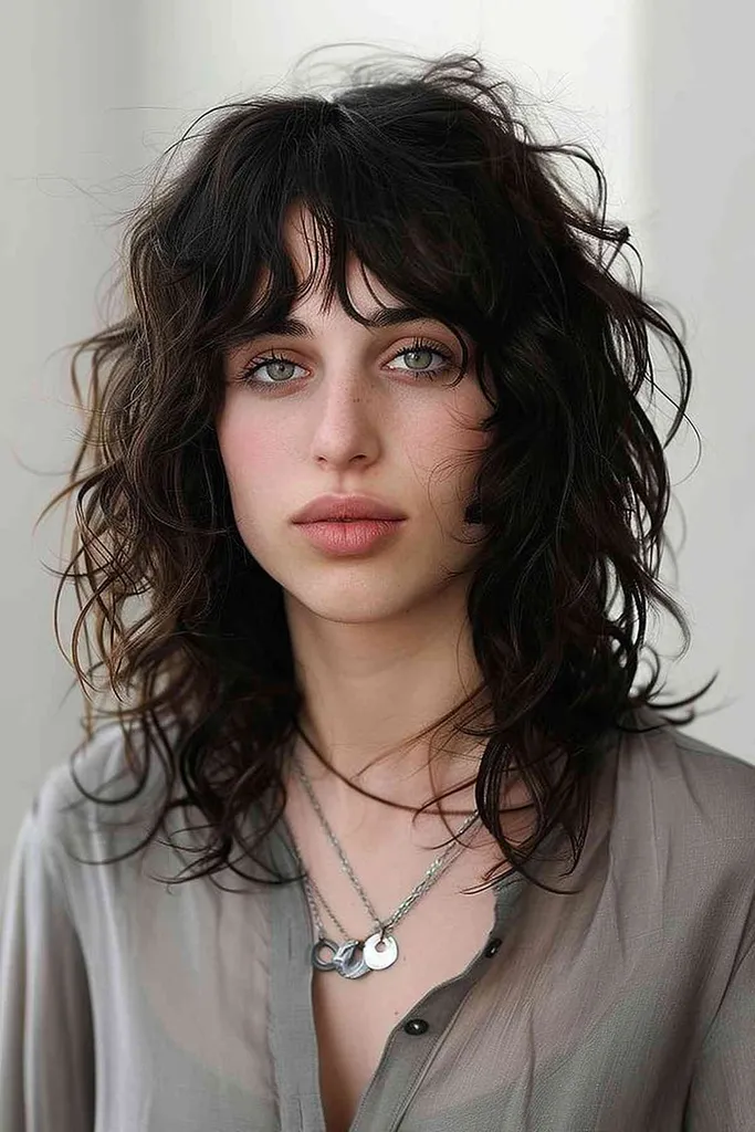 Moteris vidutinio ilgio plaukais, palaidais banguotais vilko kirpimais, padarytais perm' title=