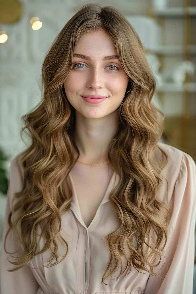 Moteris su ilgais plaukais, sušukuota palaidomis, slenkančiomis garbanomis, susuktomis naudojant skaitmeninį permą' title=