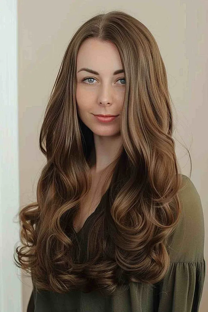 Moteris su ilgais plaukais su švelniais garbanomis galuose, pasiekta naudojant skaitmeninį permą' title=