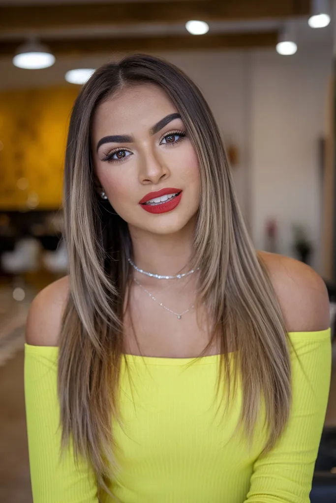 Elegantni ravni dolgi lasje s subtilnimi plastmi in pepelnato blond balayage kot nalašč za sodoben latino videz' title=