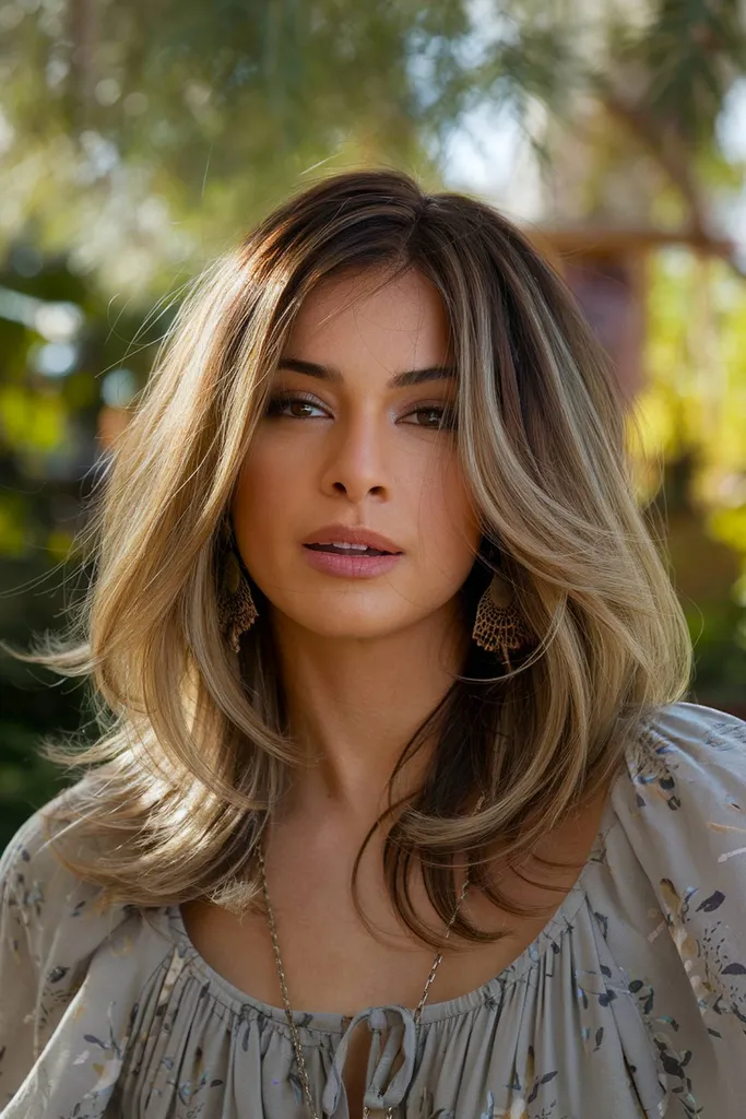 Mehki pernati sloji s toplim balayage ustvarjajo tekočo in lahkotno latino pričesko, ki jo navdihuje gibanje cumbia' title=