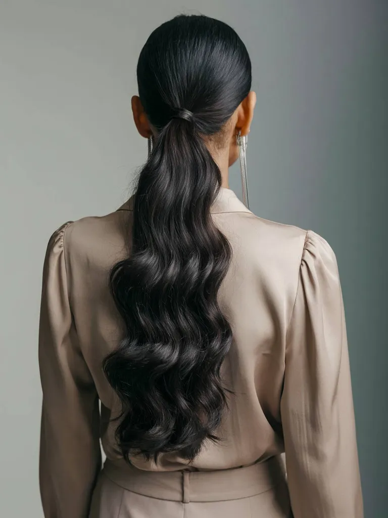 Dolg valovit čop z naravnim prelivom, ki prikazuje romantično latino pričesko z mehkim gibanjem' title=