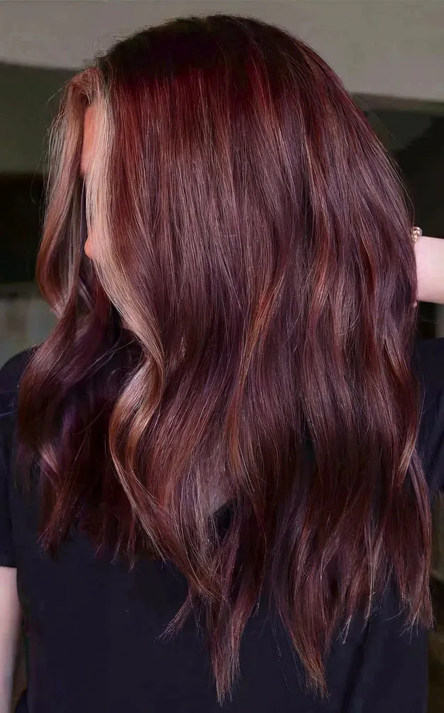 Zimní bohatý mahagonový odstín s blond vlasy, které rámují obličej' title=