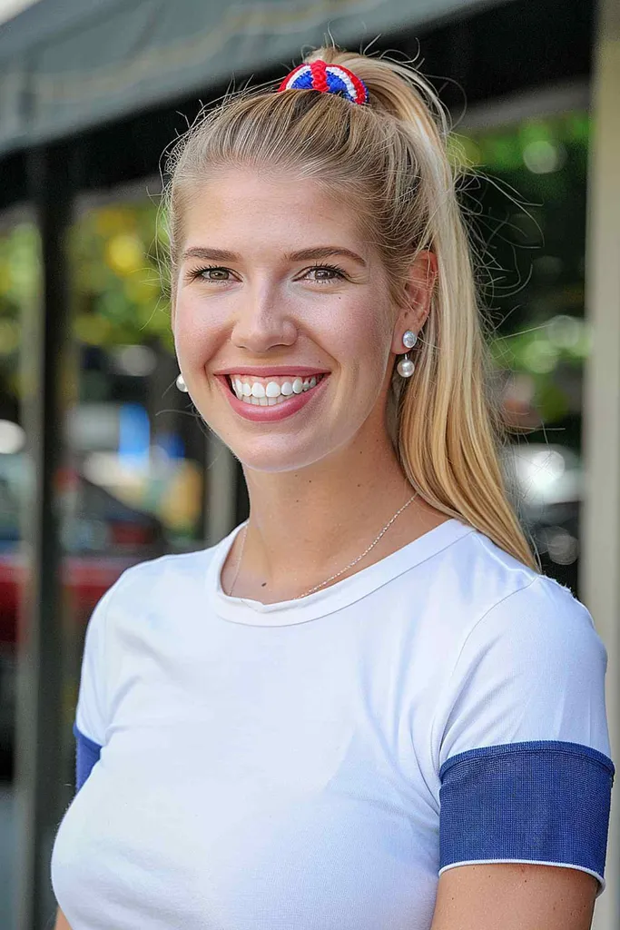 Rabo de cavalo alto com elástico vermelho, branco e azul para o dia 4 de julho' title=