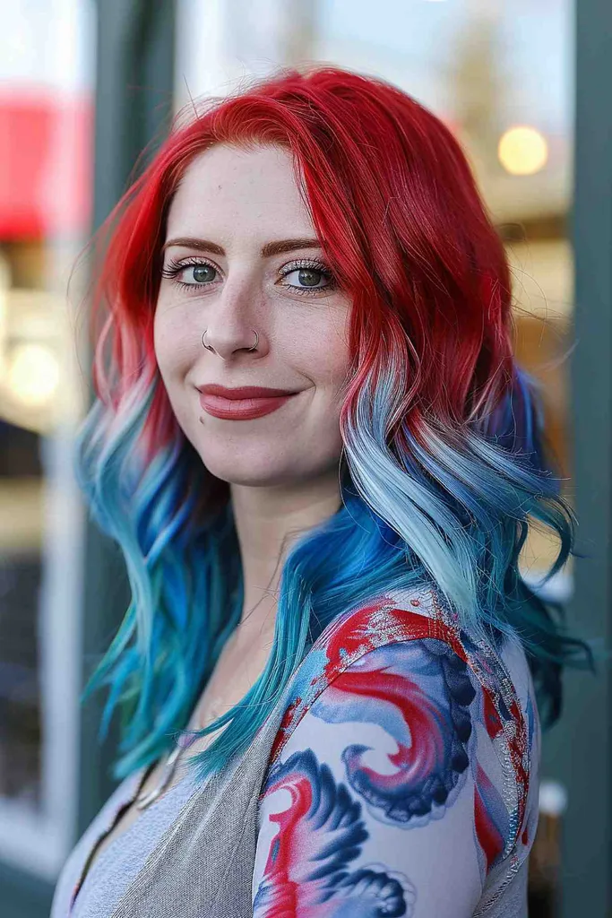 Cor de cabelo Ombre com vermelho branco e azul para 4 de julho' title=