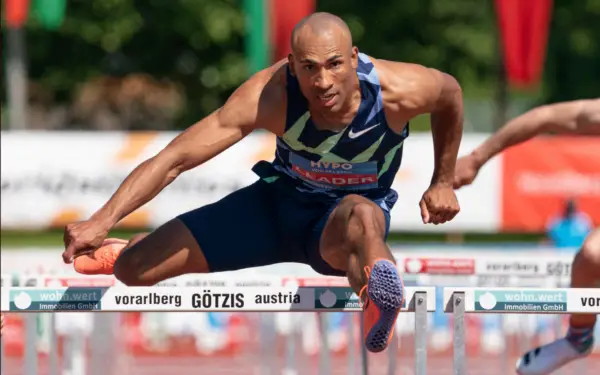 Damian Warner, Olympic decathlete, running the hurdles.