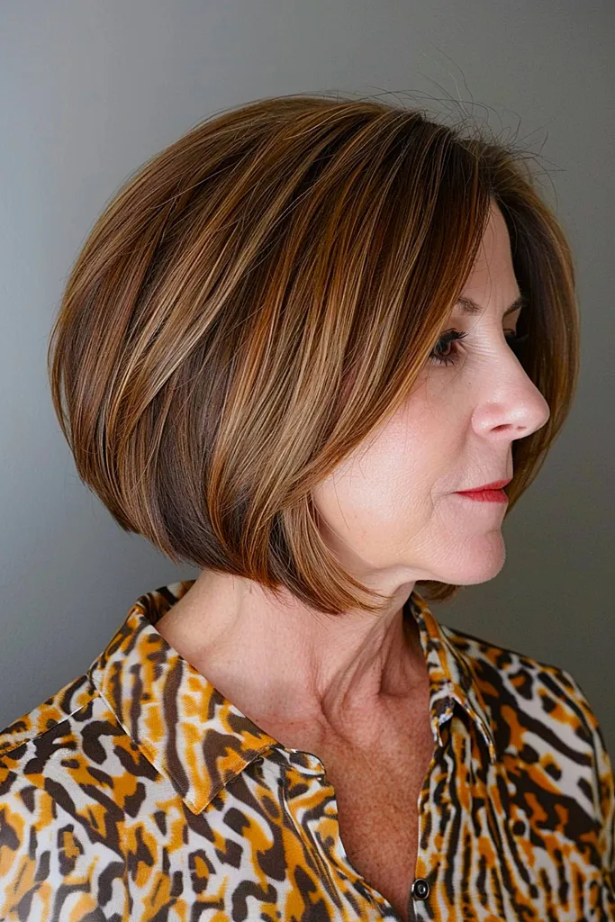 Krátký měkký zakřivený bob s hladkými naskládanými vrstvami' title=