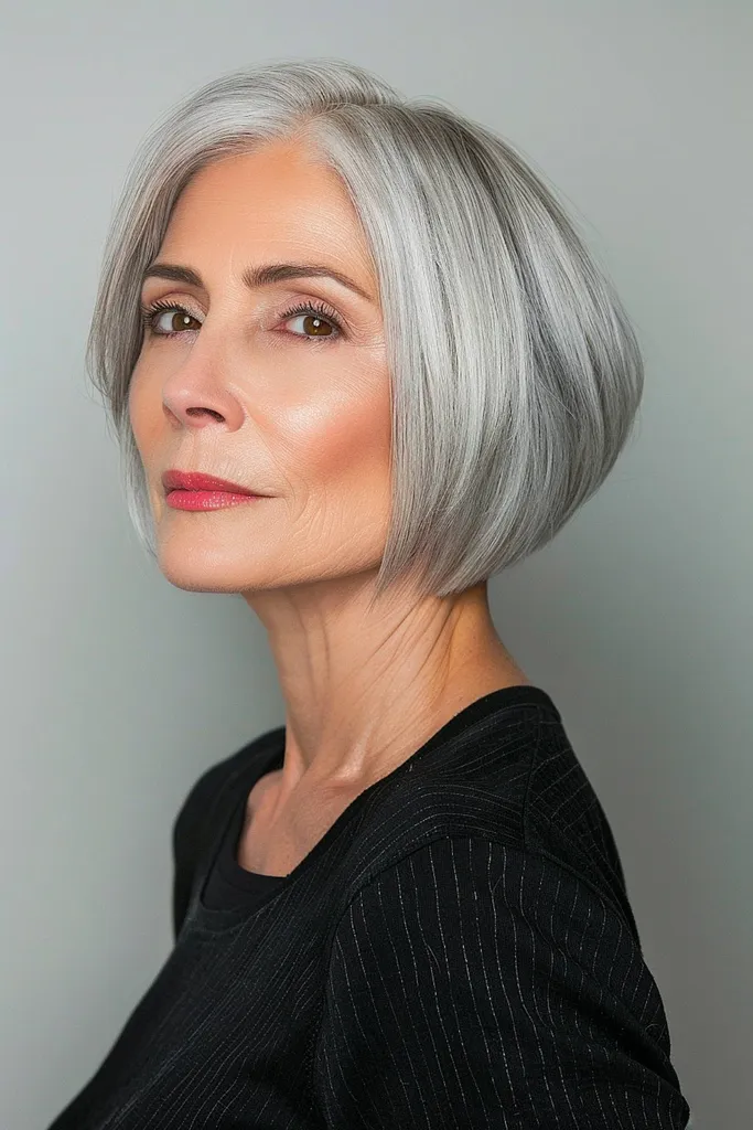 Krátký stříbrný skládaný bob s hranatými vrstvami' title=