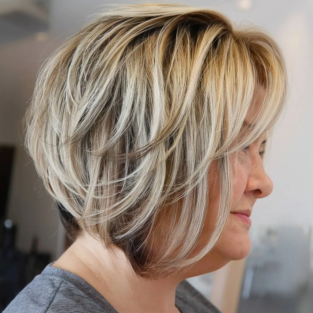 50歳以上の高齢女性の丸顔ウェッジヘアカット' title=